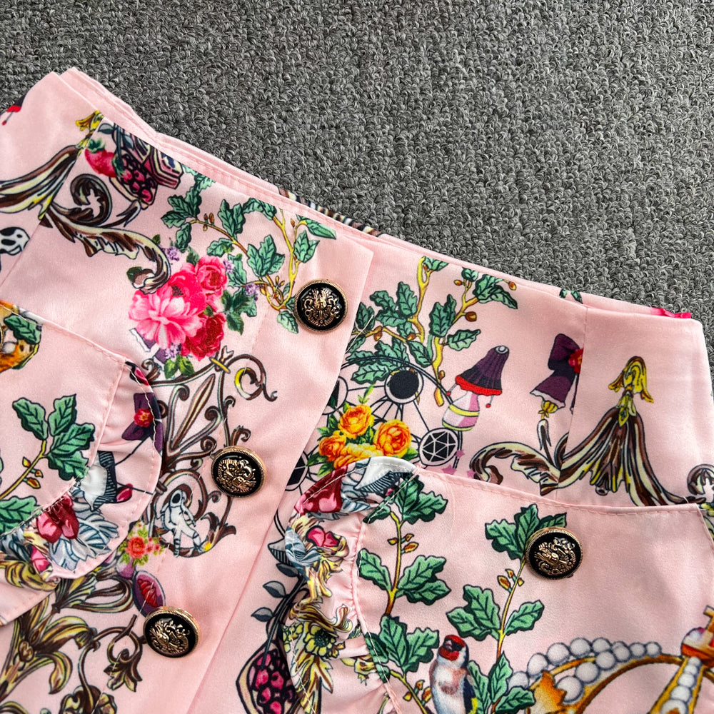 Sleeve Ruffle Print Shirt Two Piece High Waist Hip Skirt