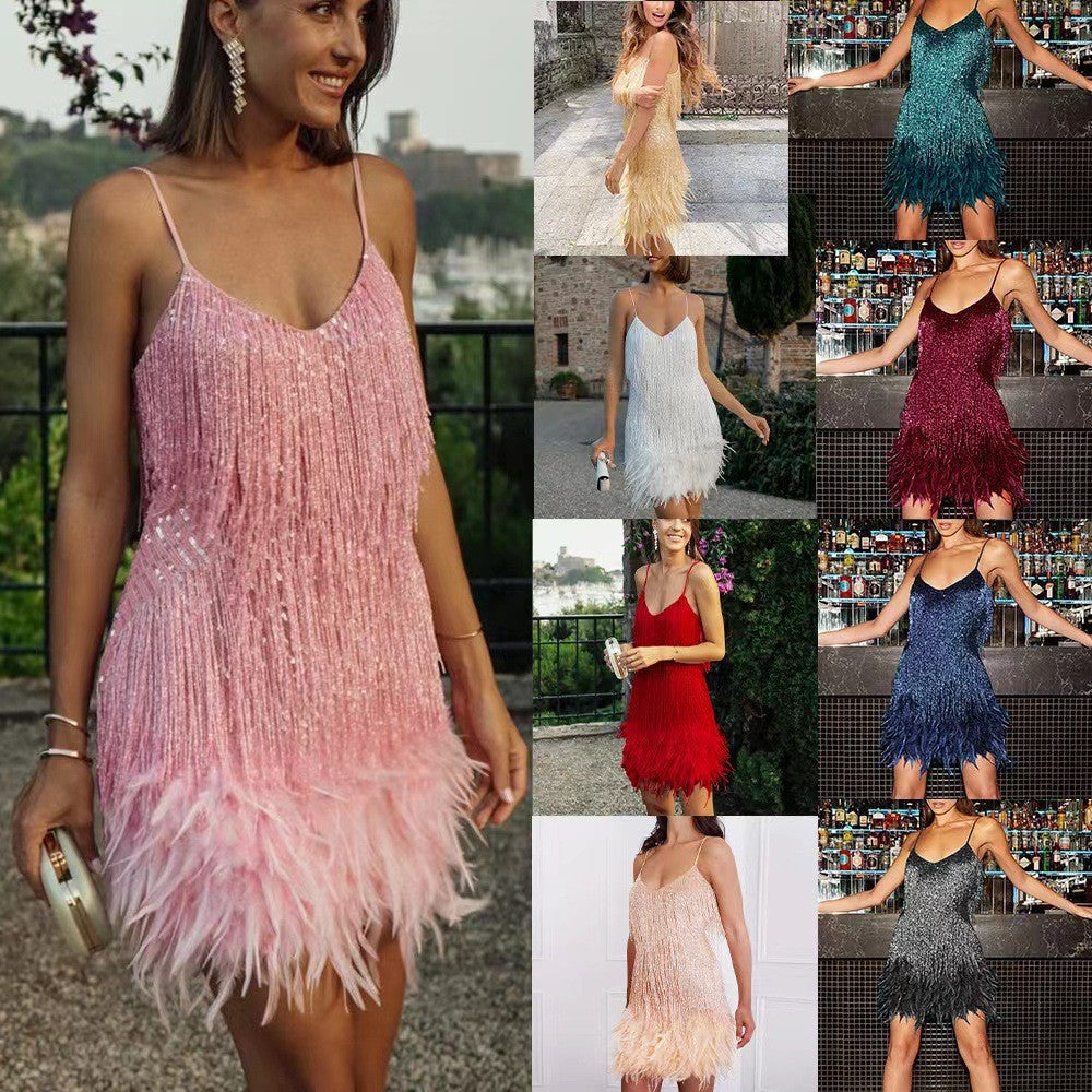 Sexy Tassel Sequins V Neck Spaghetti Dress