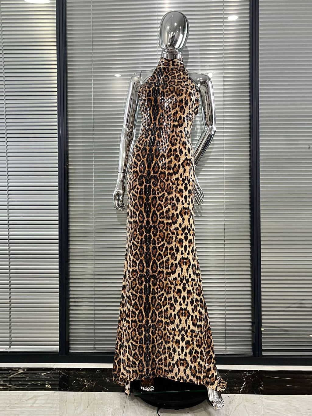 Leopard Print Sequin Halter Neck Mermaid Gown
