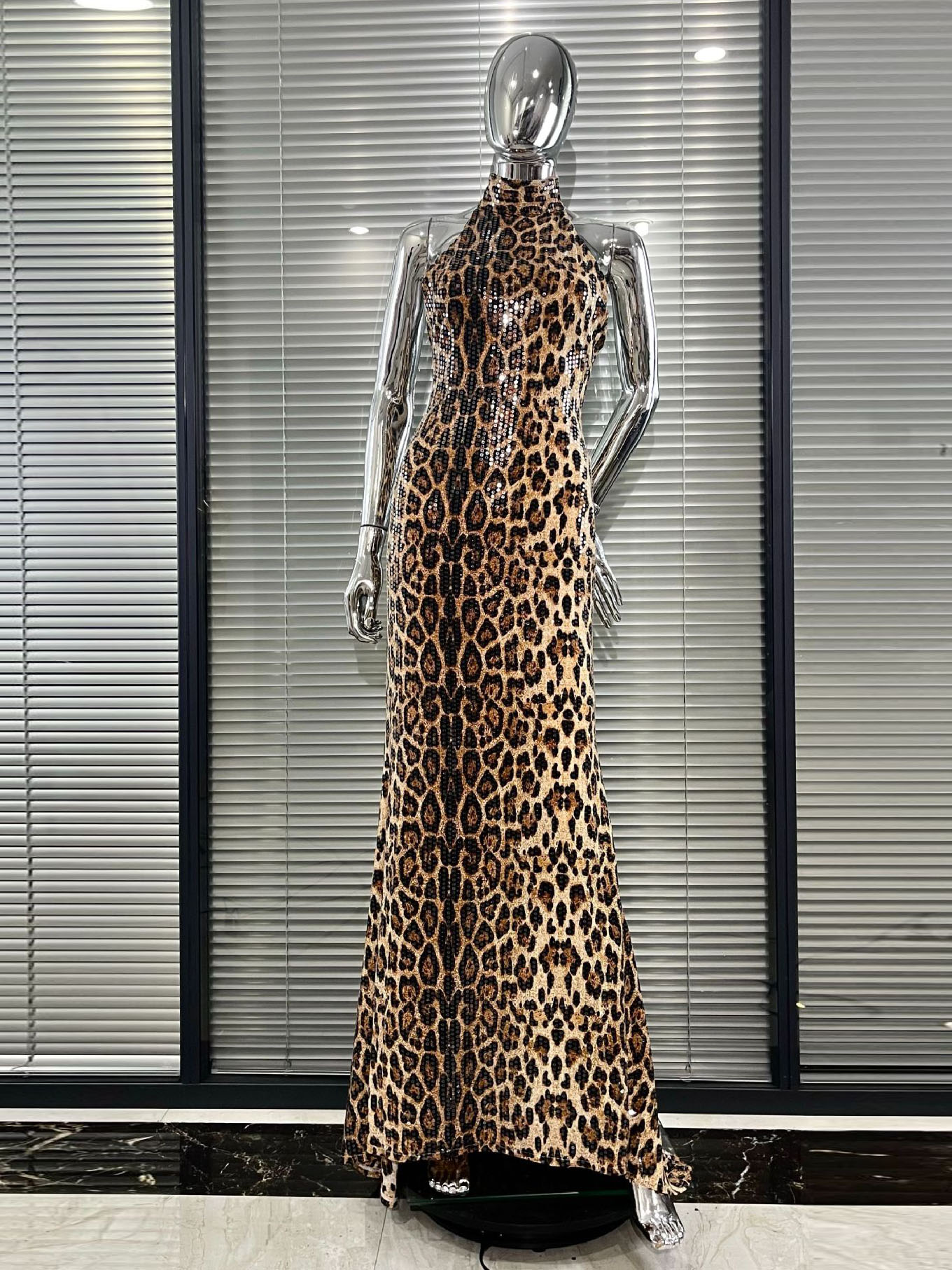 Leopard Print Sequin Halter Neck Mermaid Gown