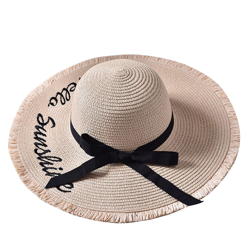 Big beach embroidered letters raw edge sun hat