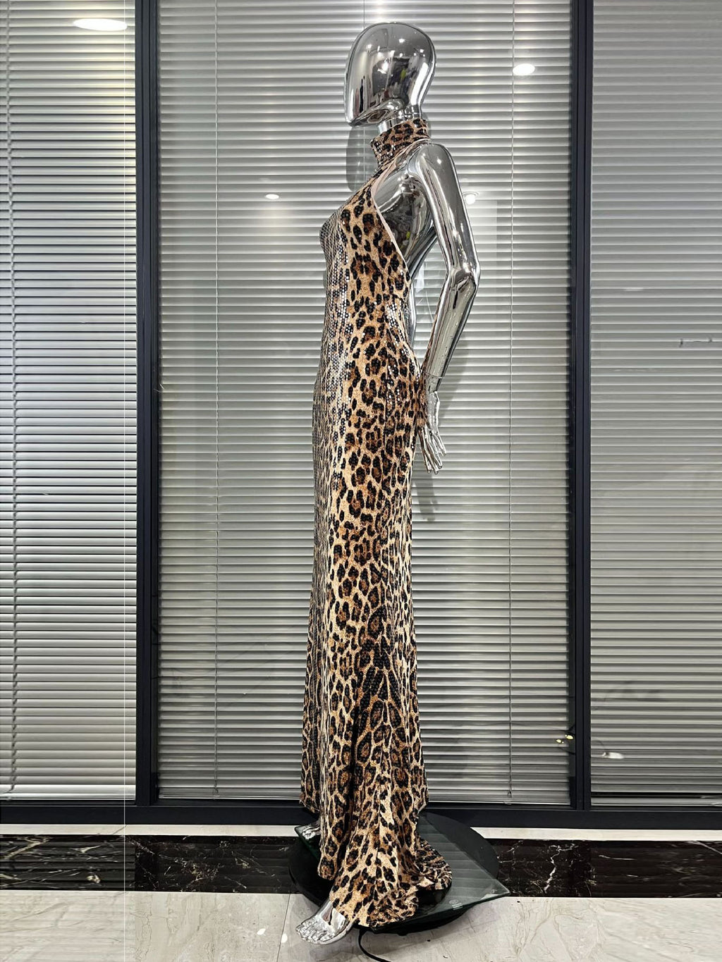 Leopard Print Sequin Halter Neck Mermaid Gown