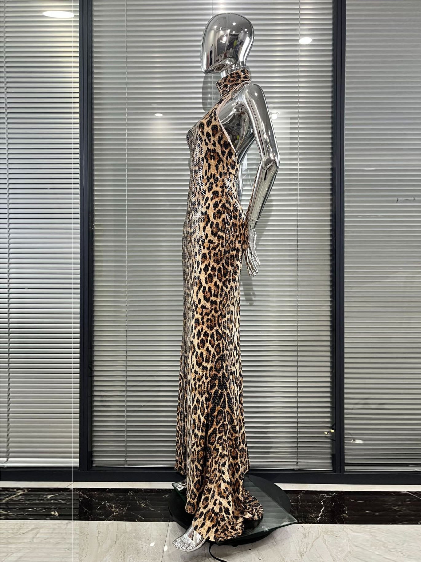 Leopard Print Sequin Halter Neck Mermaid Gown