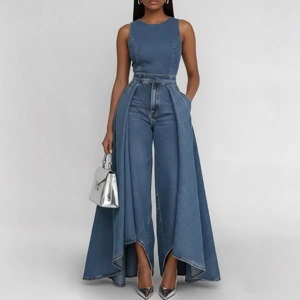 Crew-neck Sleeveless Casual Loose-fit Wide-leg Denim Jumpsuit