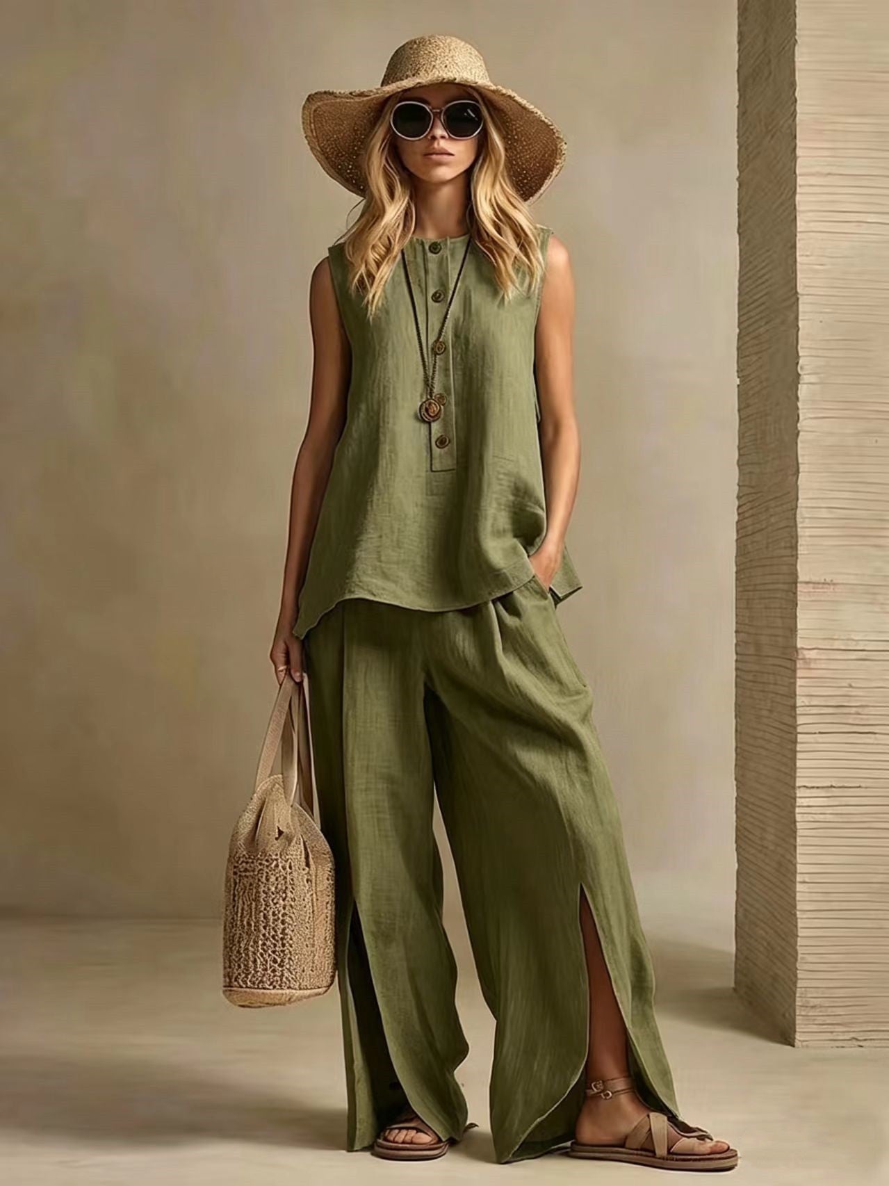 Womens Sleeveless Shirt And Pants Set Loose-Fitting Two-Piece Suit