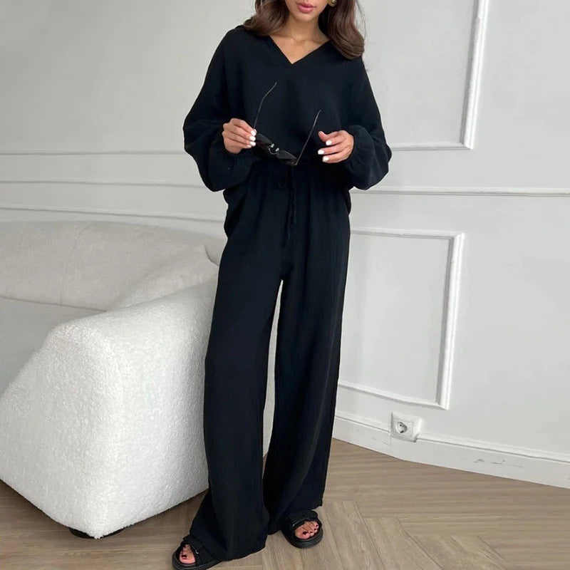 Elegant Women Casual Loose Outfit Female Long Sleeve Top Drawstring Trousers