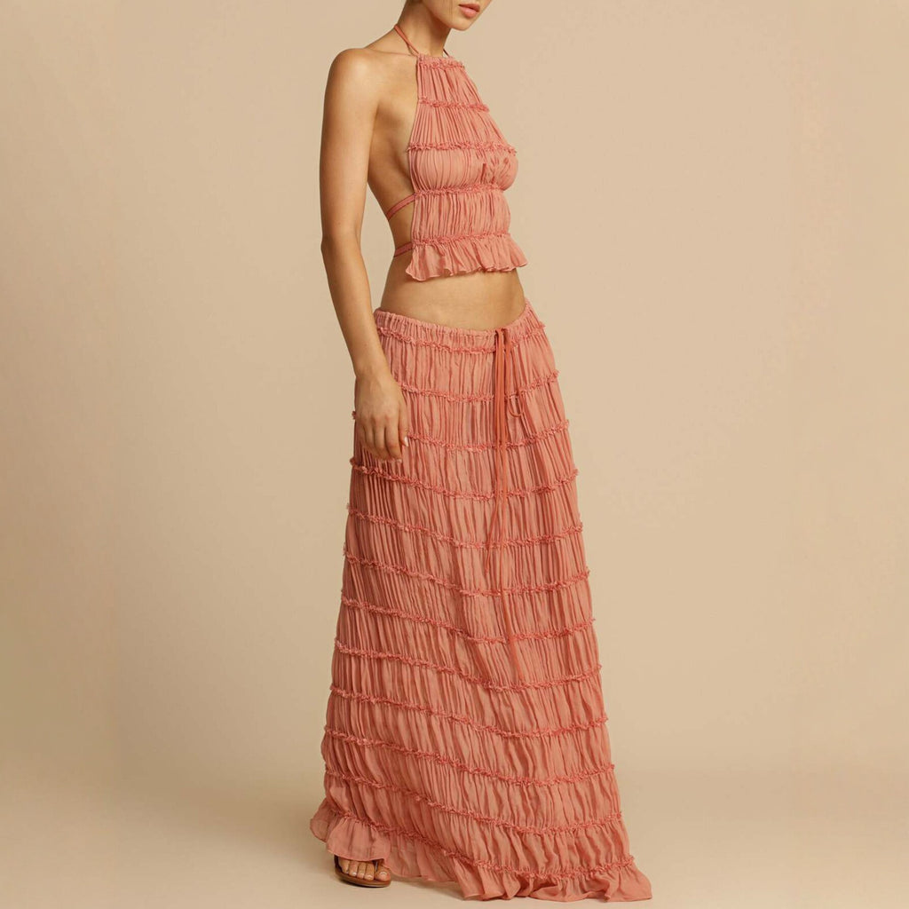 Resort-Style Halterneck Pleated Cami Top & Midi Skirt Two-Piece Set For Women