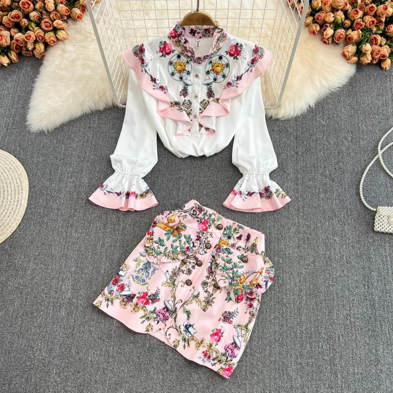 Sleeve Ruffle Print Shirt Two Piece High Waist Hip Skirt