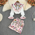 Sleeve Ruffle Print Shirt Two Piece High Waist Hip Skirt