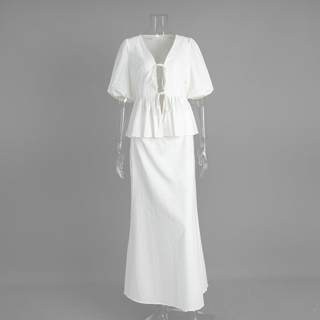 Womens Casual Cotton Set Puff Sleeve Shirt With Long Skirt
