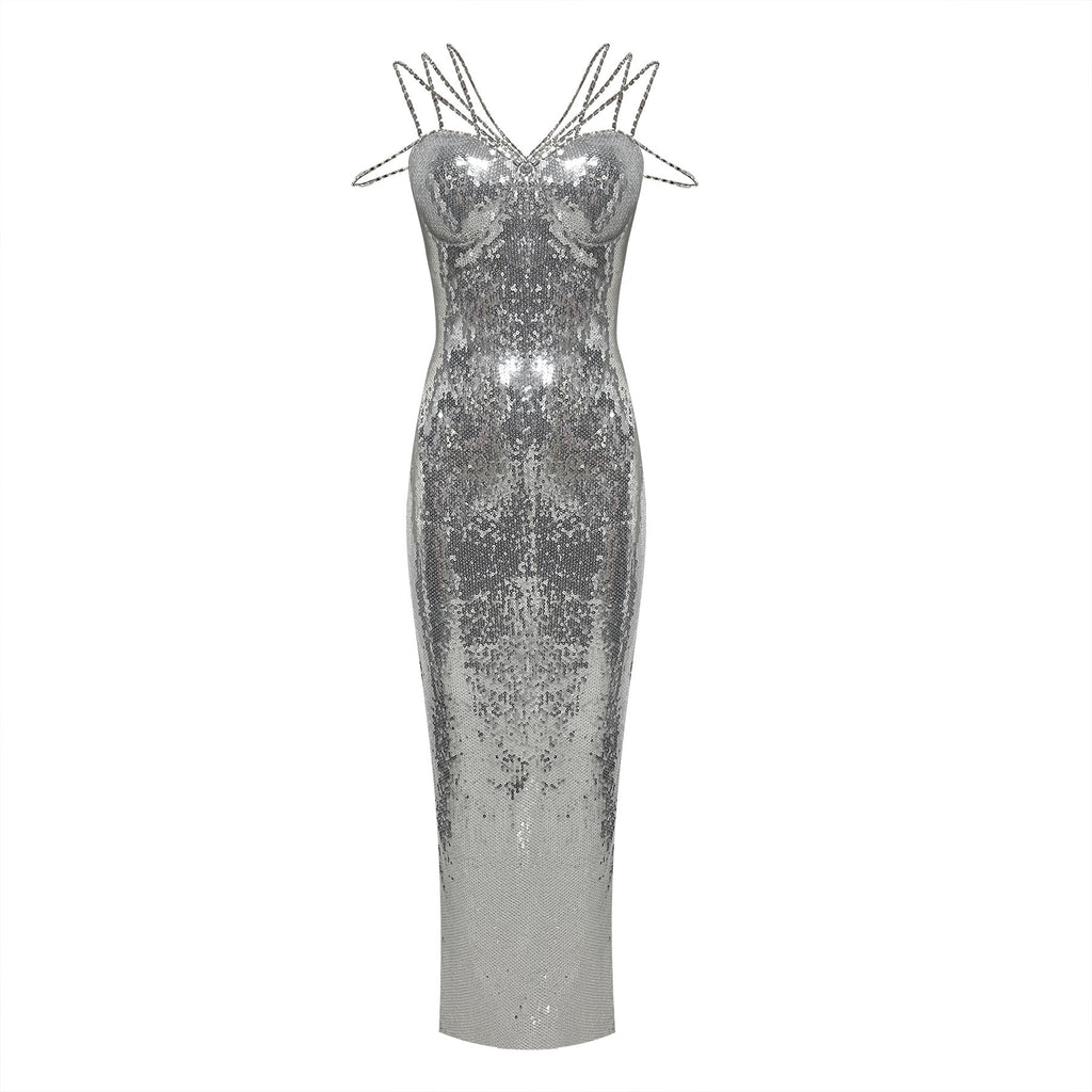 Rhinestone-chain Decorated Off-shoulder Bustier Figure-hugging Sheath Dress