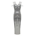 Rhinestone-chain Decorated Off-shoulder Bustier Figure-hugging Sheath Dress