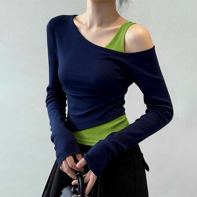Off-Shoulder Fake Two-Piece Shaped Waist Shirt Womens New Style
