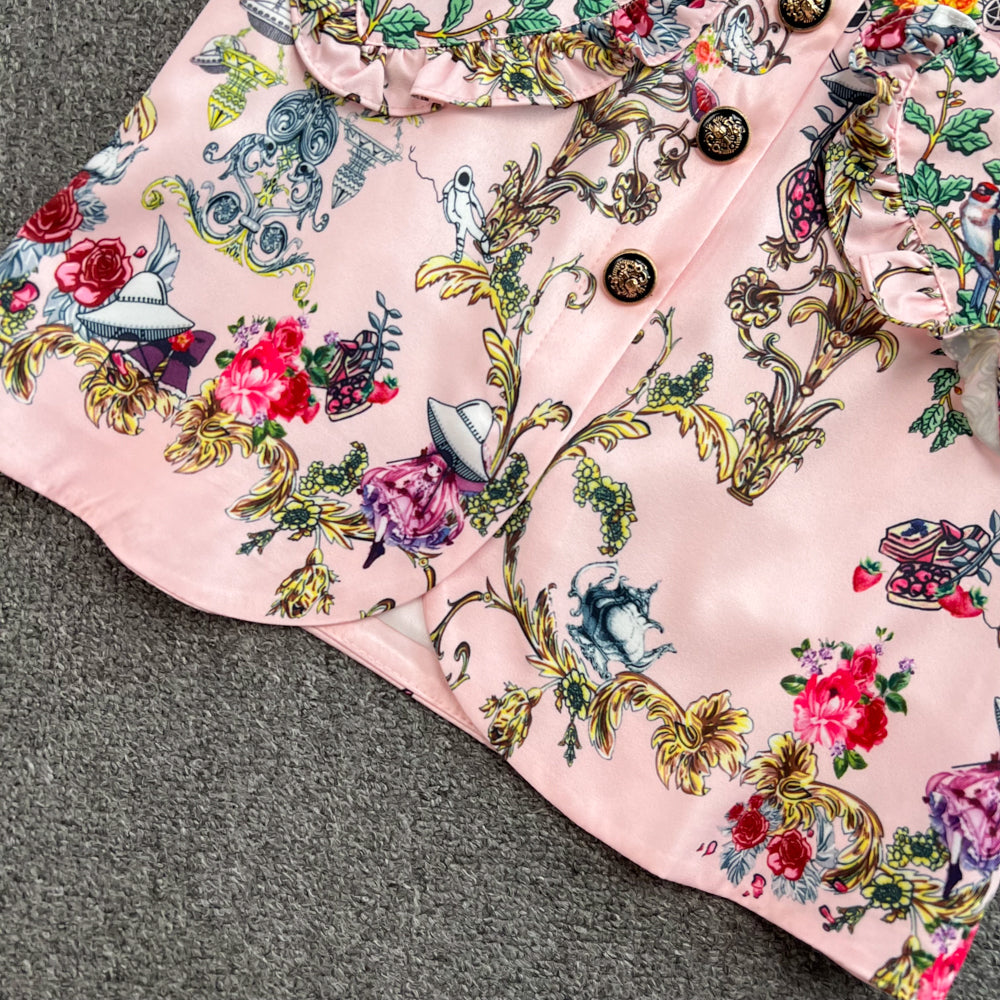 Sleeve Ruffle Print Shirt Two Piece High Waist Hip Skirt