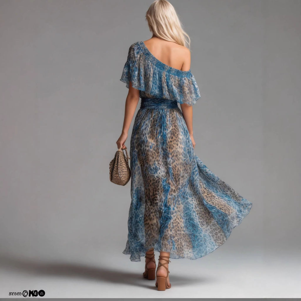 Blue-toned Leopard-print Chiffon Off-shoulder Dress