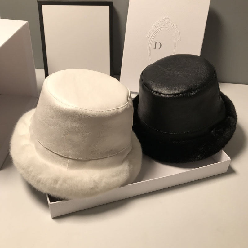 Hat Female Leather Plush Fisherman Hat Versatile Temperament