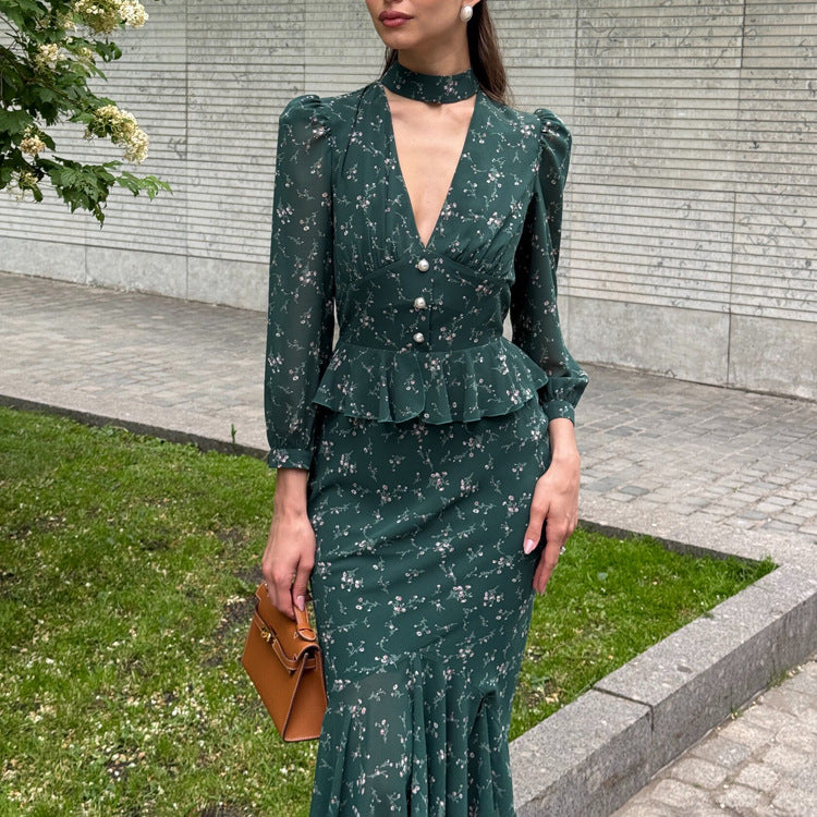 Floral-print Collar V-neck Long-sleeve Ruffle-trim Top Two-piece Set