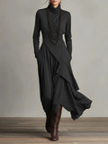 Solid Color Long Sleeve Cross Wrap High Neck Maxi Dress