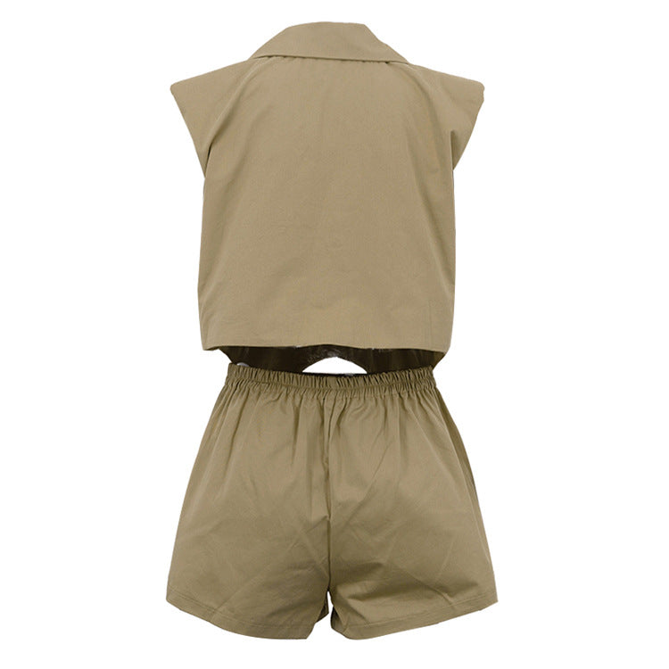 Khaki Oversized Sleeveless Blazer & Shorts Co-ord Set