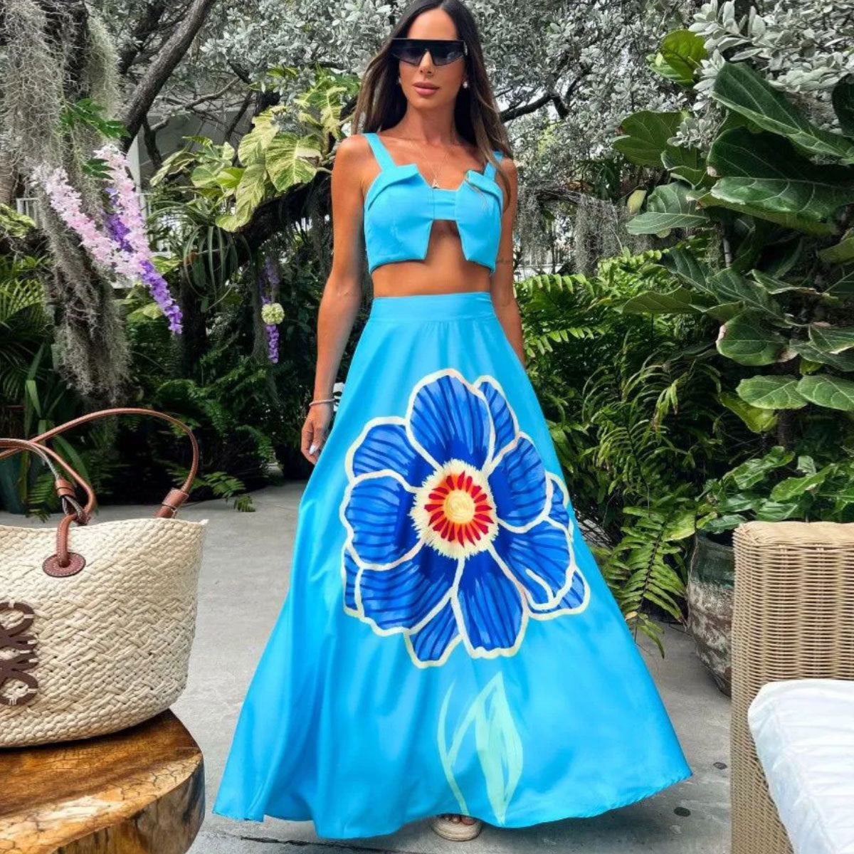 Blue Printed Midriff Outfit Split Two-piece Set For Women