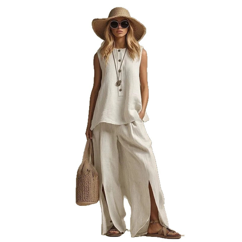 Womens Sleeveless Shirt And Pants Set Loose-Fitting Two-Piece Suit