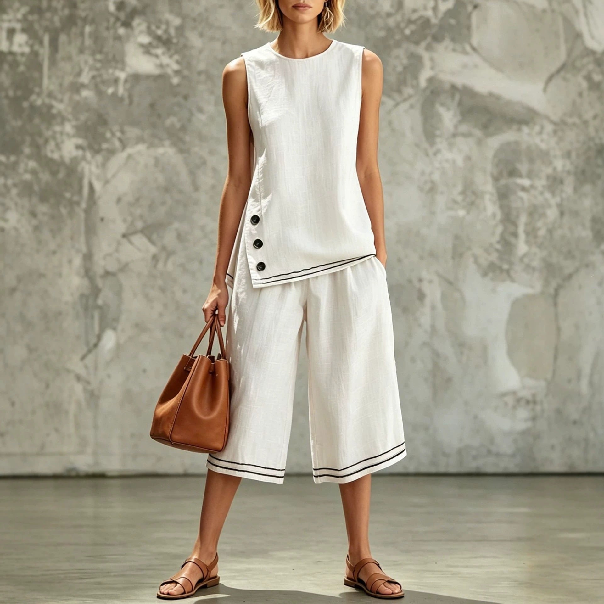 Sleeveless Side-split Tank Top Paired With Wide-leg Cropped Pants Womens Two-piece Set