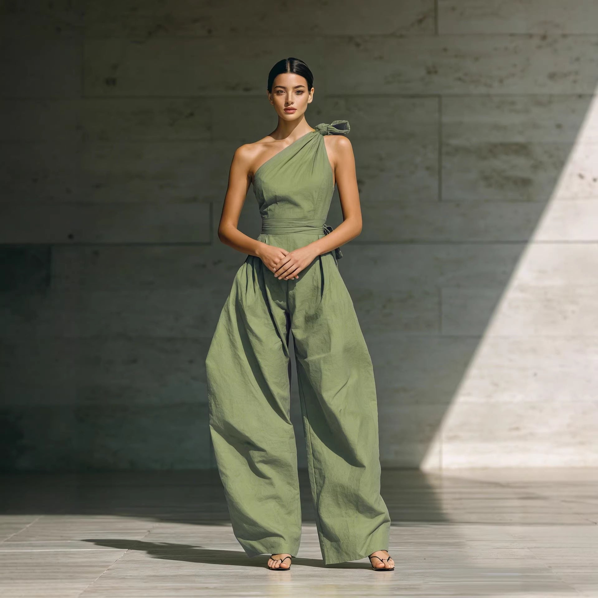 Relaxed One-Shoulder Belted Jumpsuit