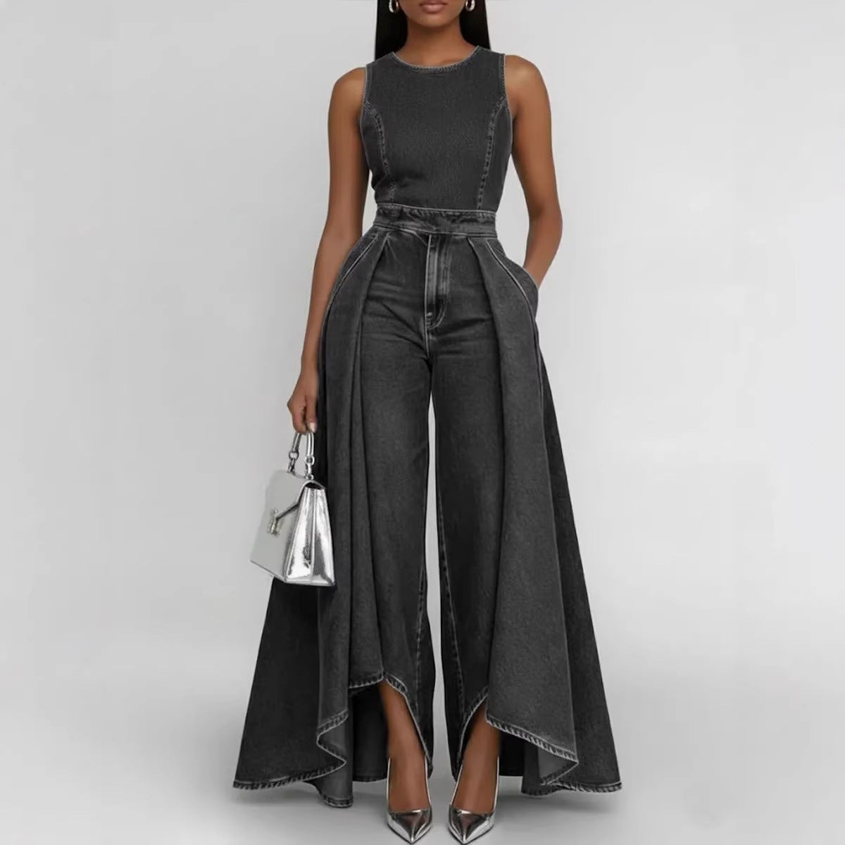 Crew-neck Sleeveless Casual Loose-fit Wide-leg Denim Jumpsuit
