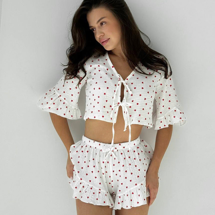 Womens Printed Ruffle-Trim Short-Sleeve Top And Shorts Set