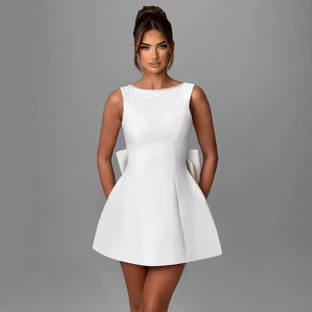 Big-Bowed Pearls Backless Dress