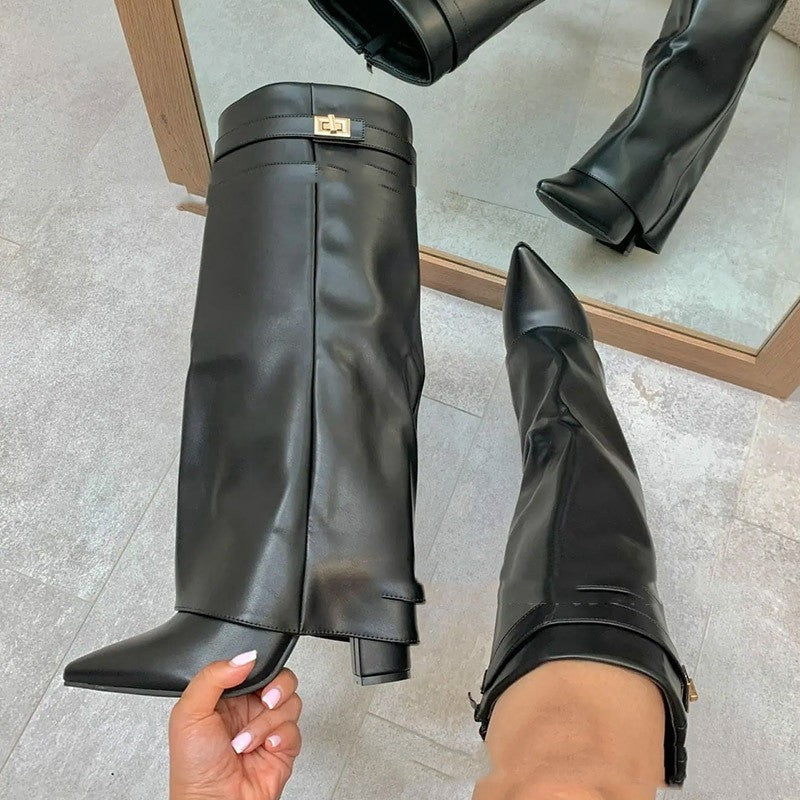 Ins Pant-tube Boots Pointed Toe Chunky Heel Shoes WInter Knight Mid-calf Dress Boot