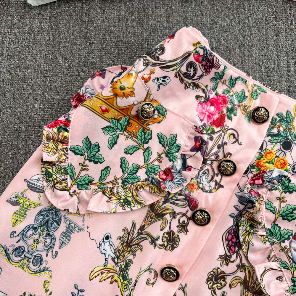 Sleeve Ruffle Print Shirt Two Piece High Waist Hip Skirt