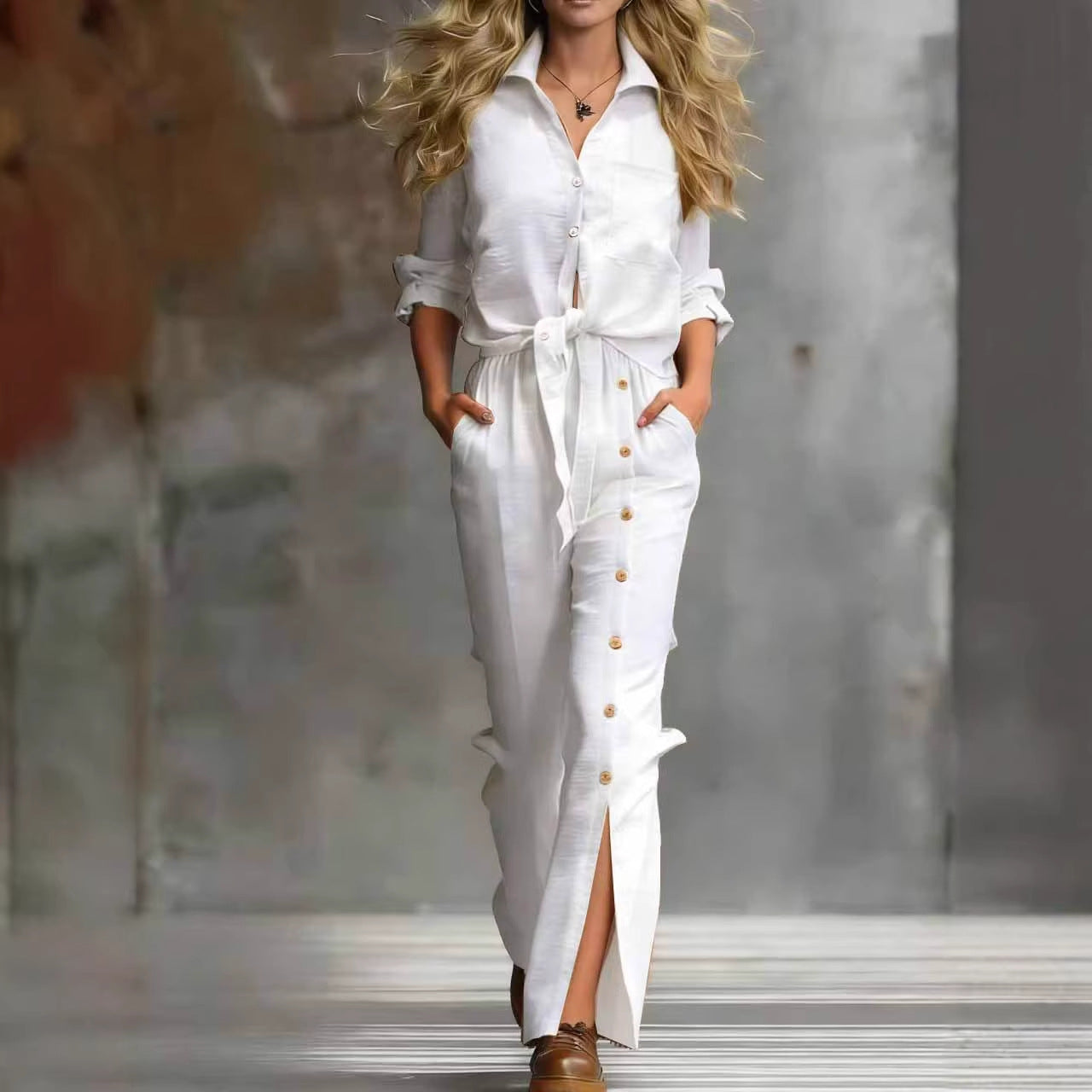 Vacation Cotton-Linen Button-Front Split-Panel Set