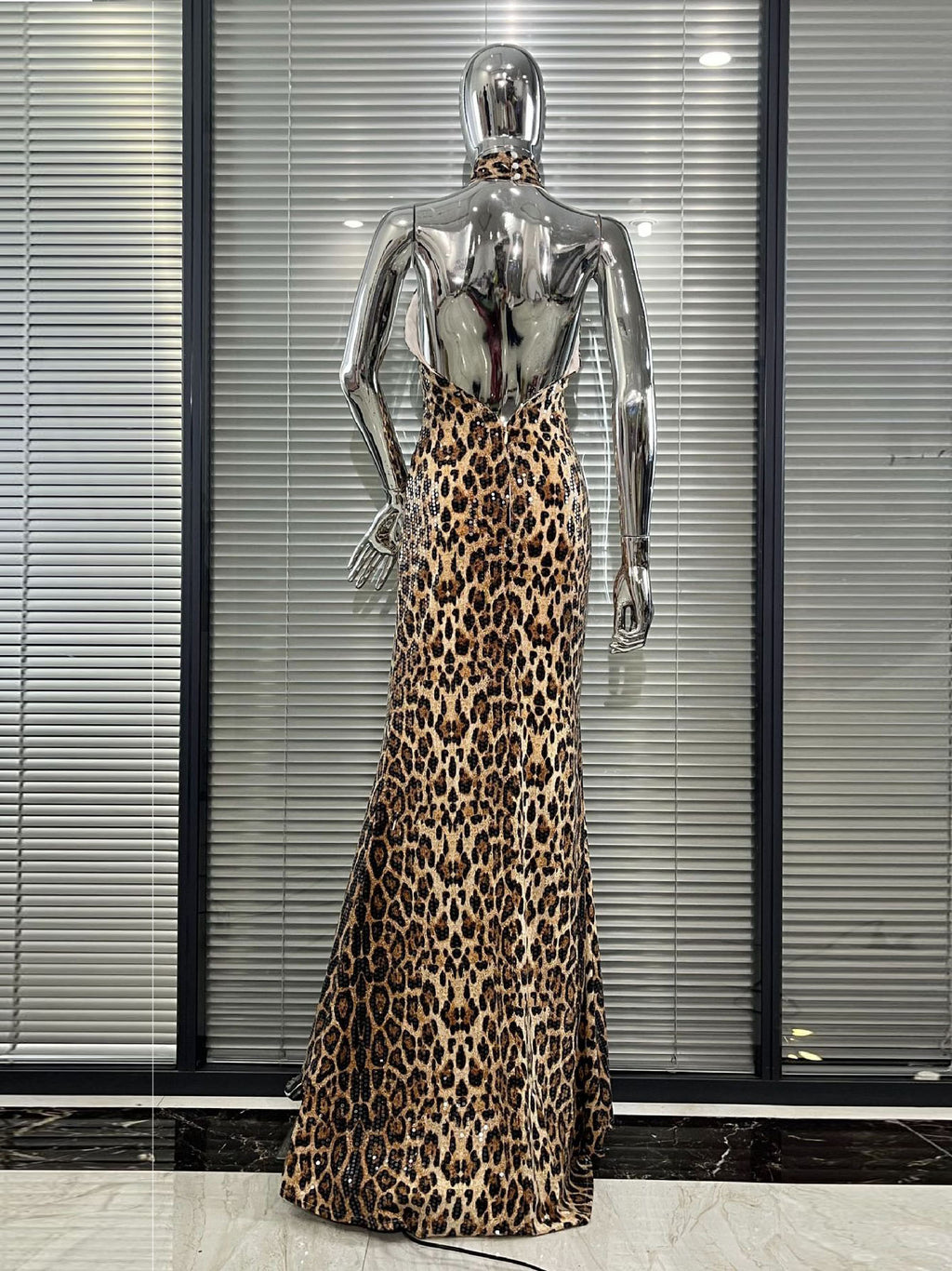 Leopard Print Sequin Halter Neck Mermaid Gown