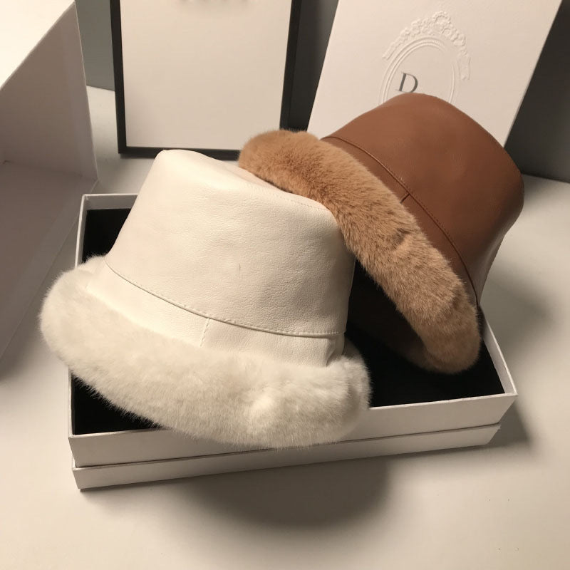 Hat Female Leather Plush Fisherman Hat Versatile Temperament