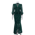 Floral-print Collar V-neck Long-sleeve Ruffle-trim Top Two-piece Set