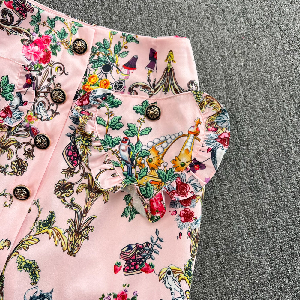 Sleeve Ruffle Print Shirt Two Piece High Waist Hip Skirt