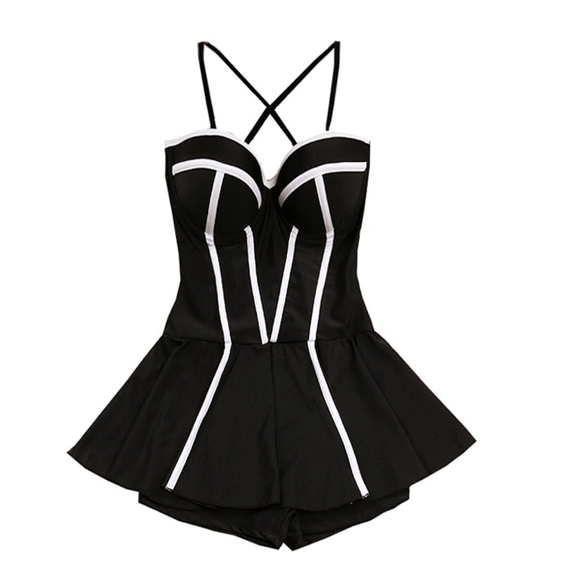 Women's Solid Color One Piece Boxer Skirt Conservative Swimsuit