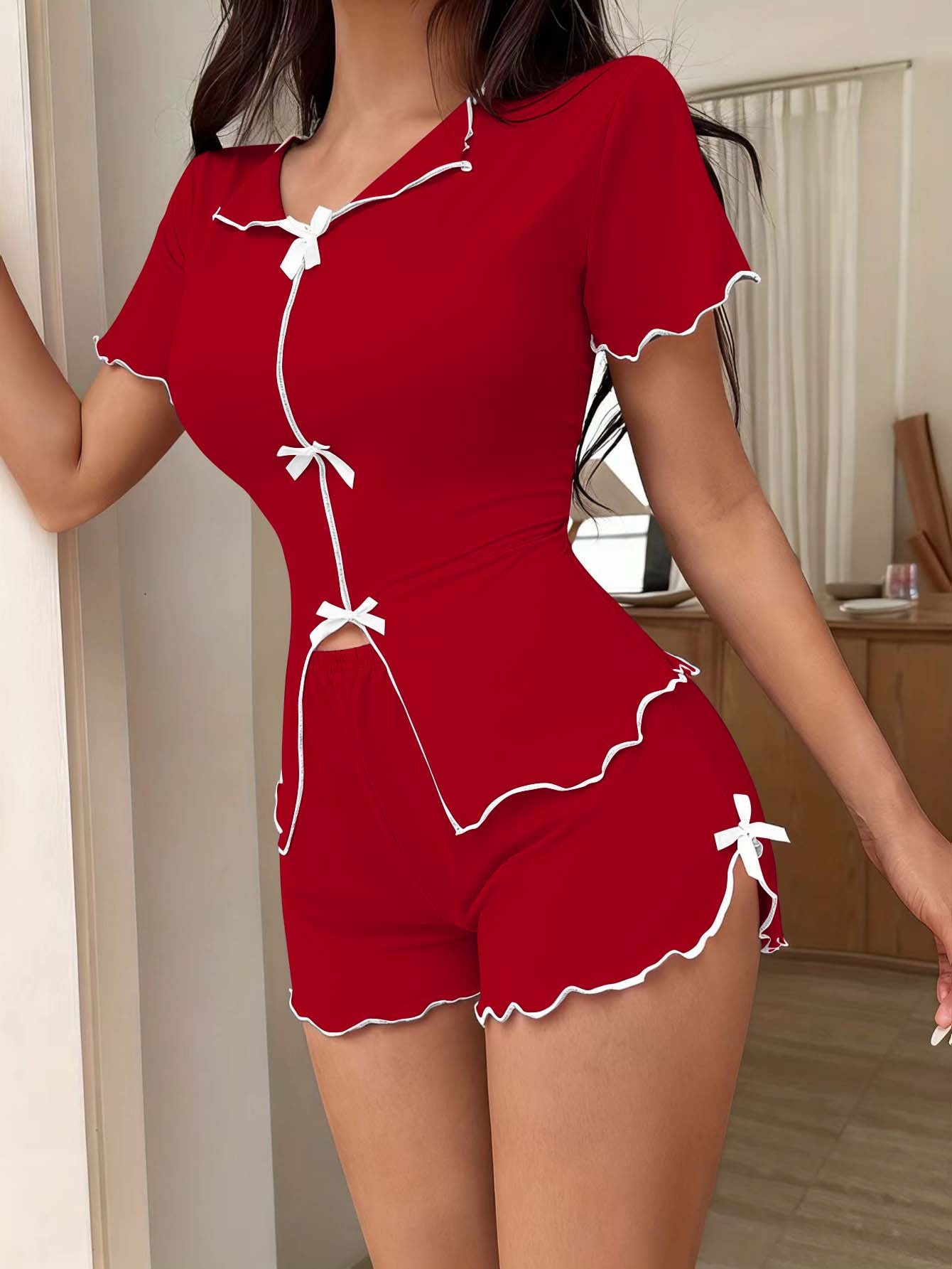 Bow-knot Sexy Stretchy Short-Sleeve Shorts Set