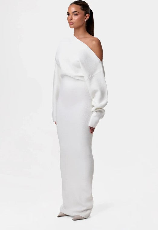 Ins Slim Long Sleeve Knitted  Evening Party Sexy Off-shoulder Bodycon Long Dresses