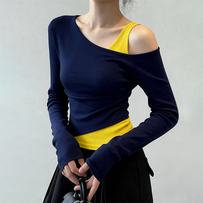 Off-Shoulder Fake Two-Piece Shaped Waist Shirt Womens New Style