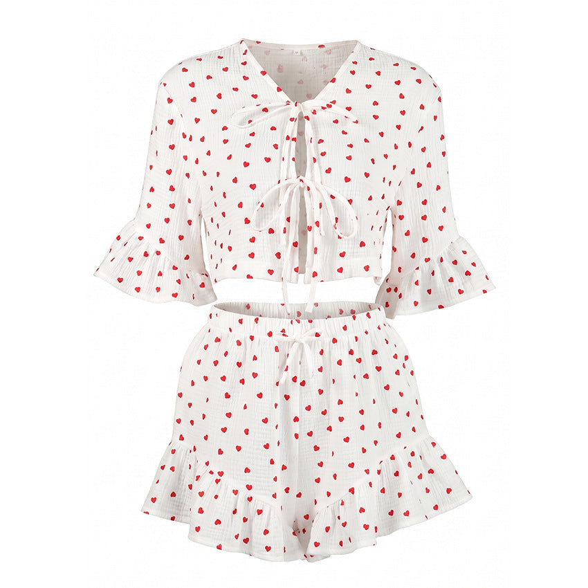 Womens Printed Ruffle-Trim Short-Sleeve Top And Shorts Set
