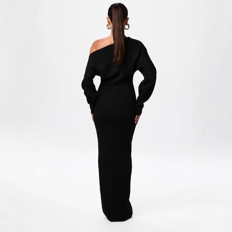 Ins Slim Long Sleeve Knitted  Evening Party Sexy Off-shoulder Bodycon Long Dresses