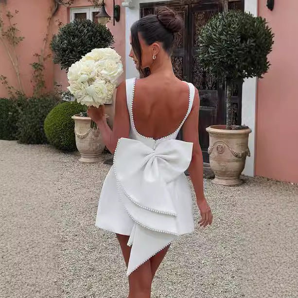 Big-Bowed Pearls Backless Dress