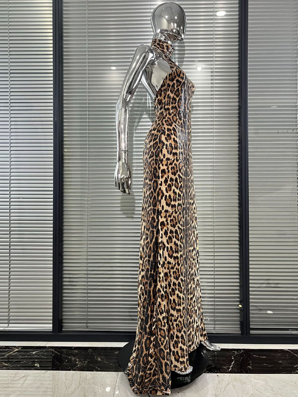 Leopard Print Sequin Halter Neck Mermaid Gown