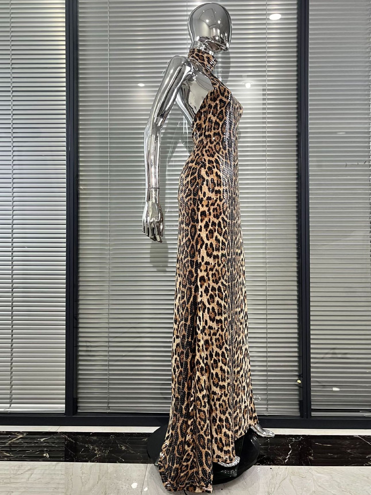Leopard Print Sequin Halter Neck Mermaid Gown