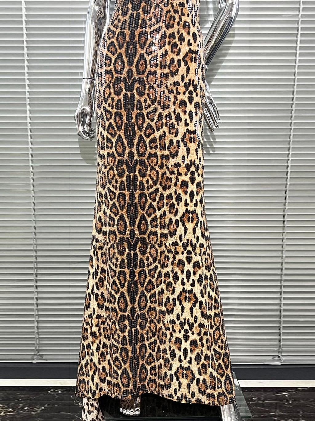 Leopard Print Sequin Halter Neck Mermaid Gown