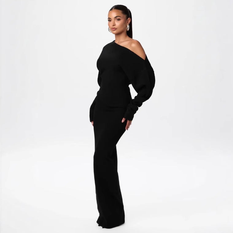 Ins Slim Long Sleeve Knitted  Evening Party Sexy Off-shoulder Bodycon Long Dresses