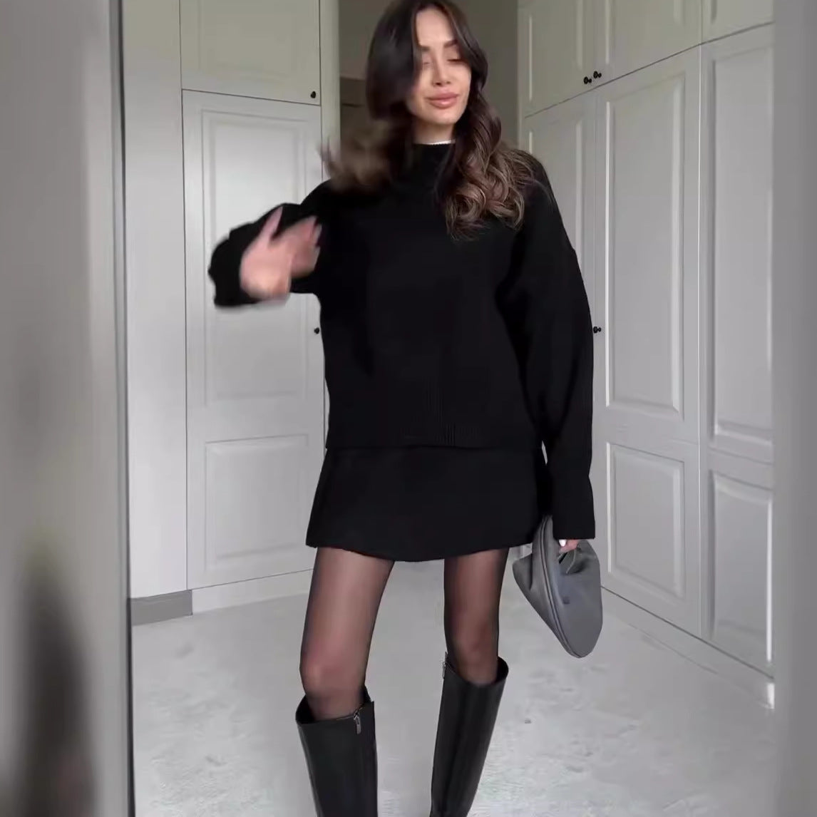 Knit Casual Versatile Long Sleeve Pullover Elegant Solid High Waist Mini Skirt Outfit