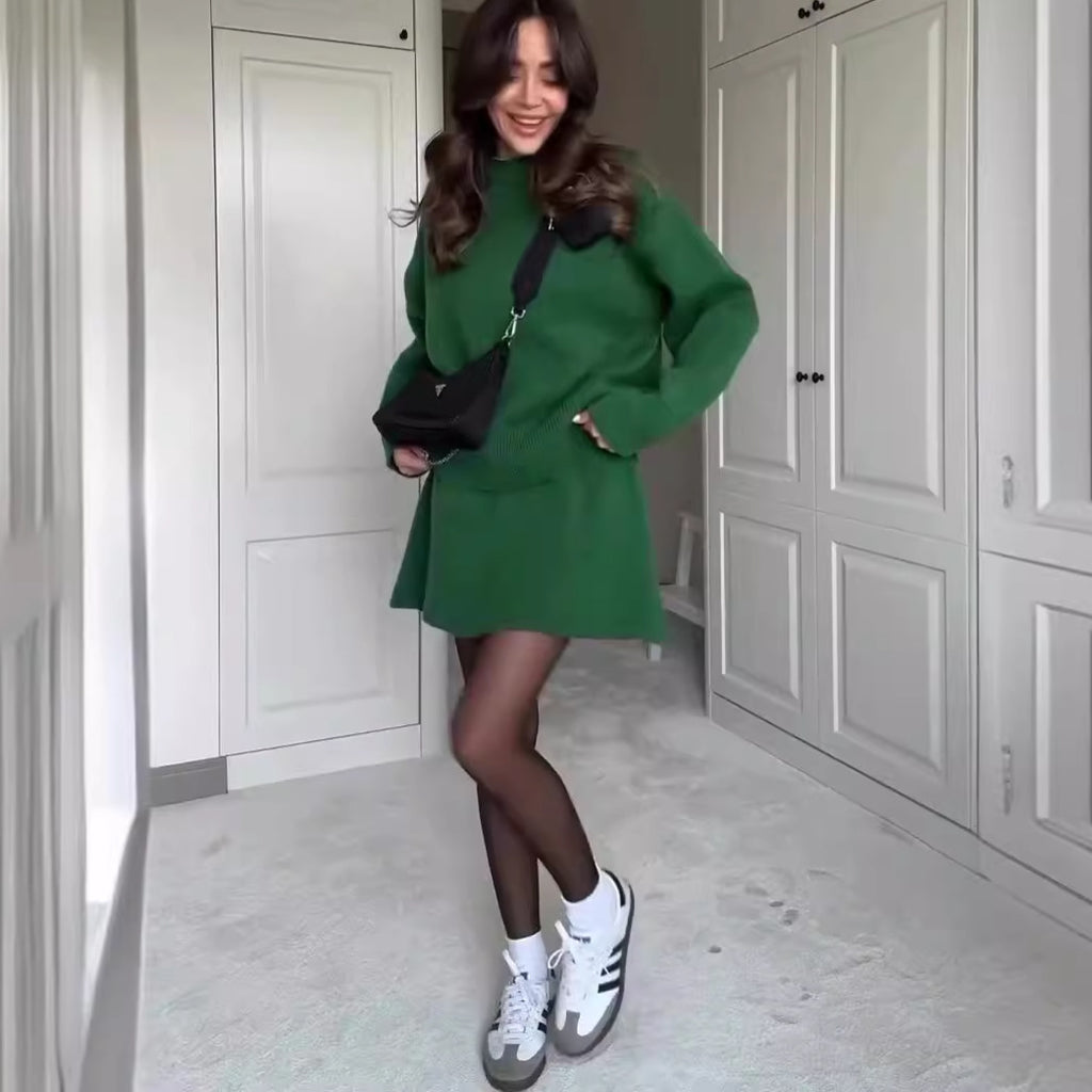 Knit Casual Versatile Long Sleeve Pullover Elegant Solid High Waist Mini Skirt Outfit
